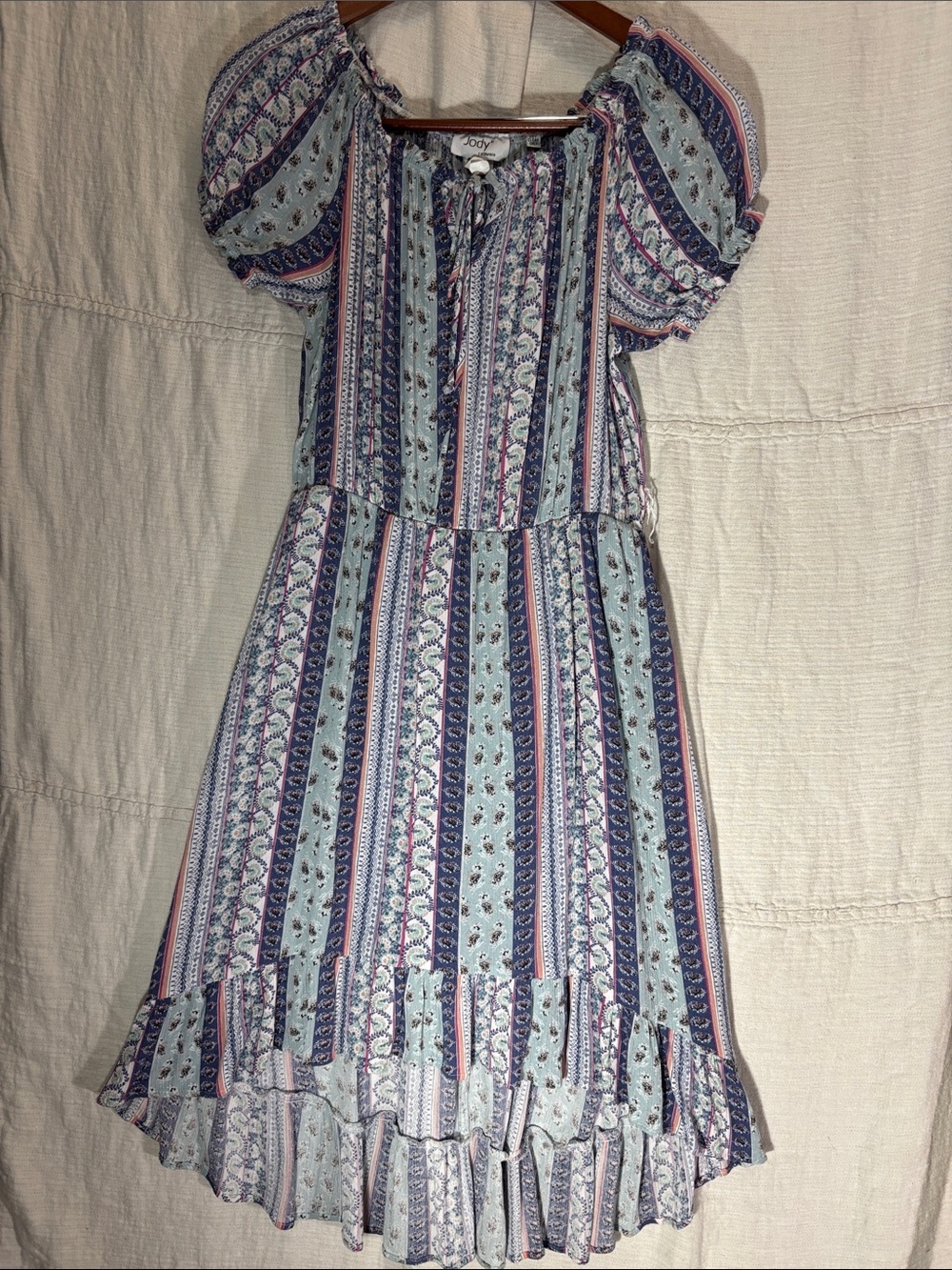 Vintage Jody California Blue Floral Striped Cottagecore Prairie Dress Size XL